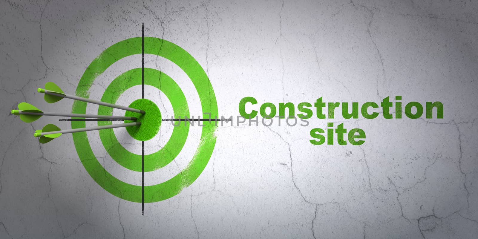 Success building construction concept: arrows hitting the center of target, Green Construction Site on wall background, 3D rendering