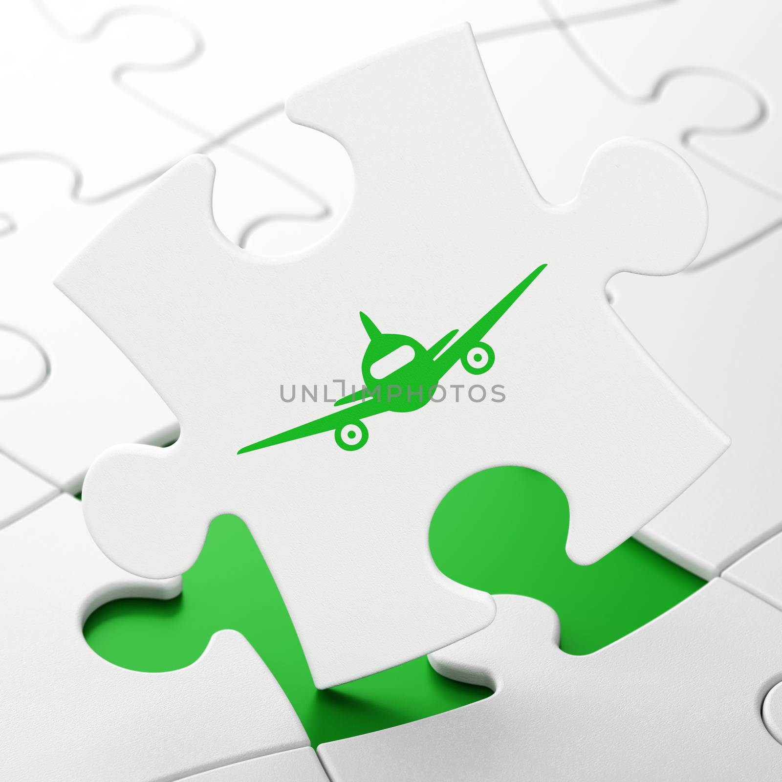 Travel concept: Aircraft on White puzzle pieces background, 3D rendering