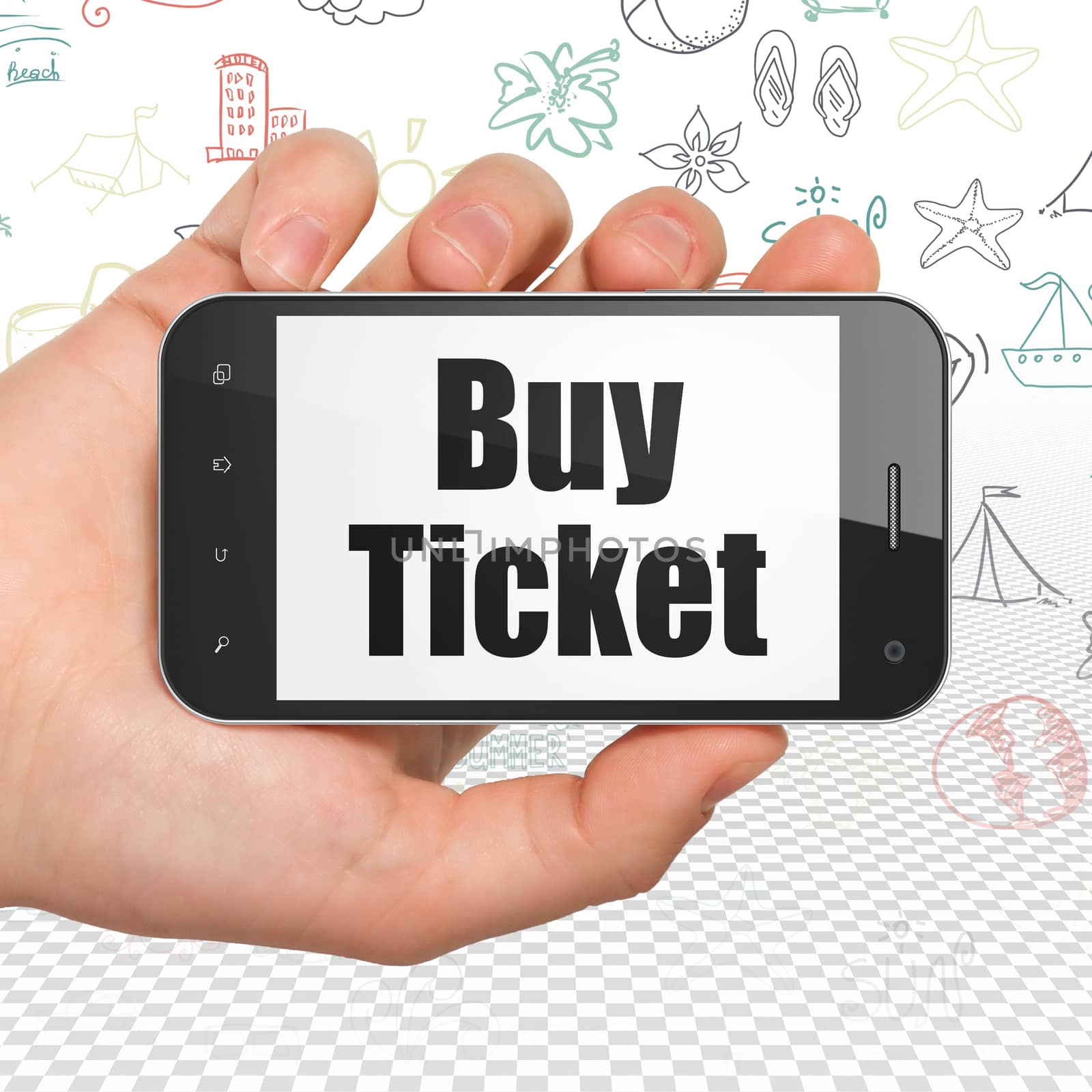 Vacation concept: Hand Holding Smartphone with  black text Buy Ticket on display,  Hand Drawn Vacation Icons background, 3D rendering