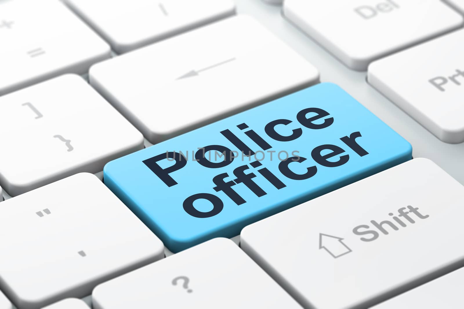 Law concept: computer keyboard with word Police Officer, selected focus on enter button background, 3D rendering