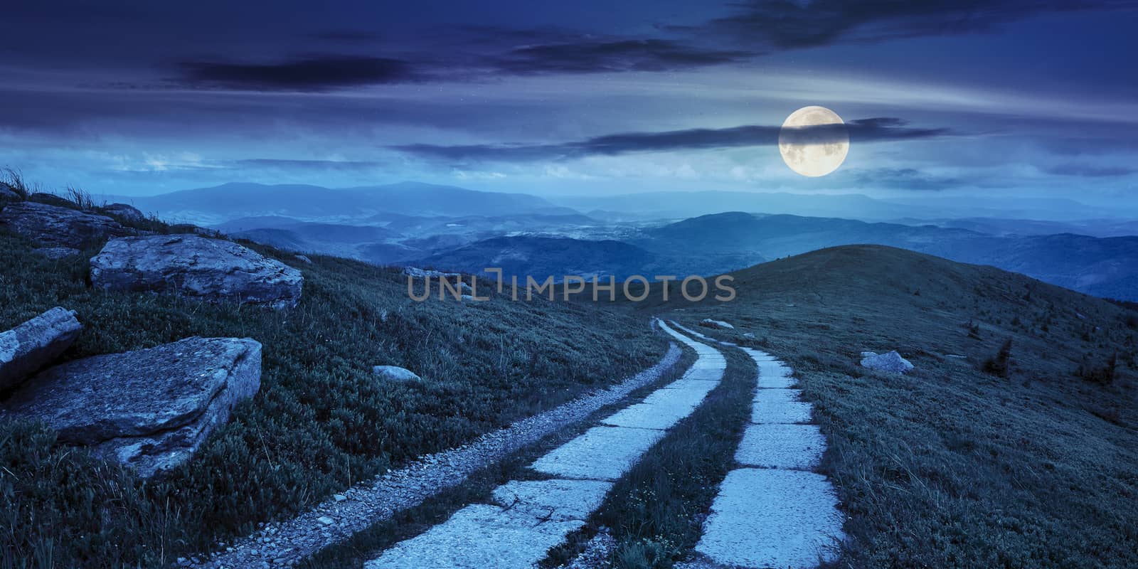 composite panorama Landscape with road on a hillside with huge stones and conifer trees  near mountain peak at night in full moon light