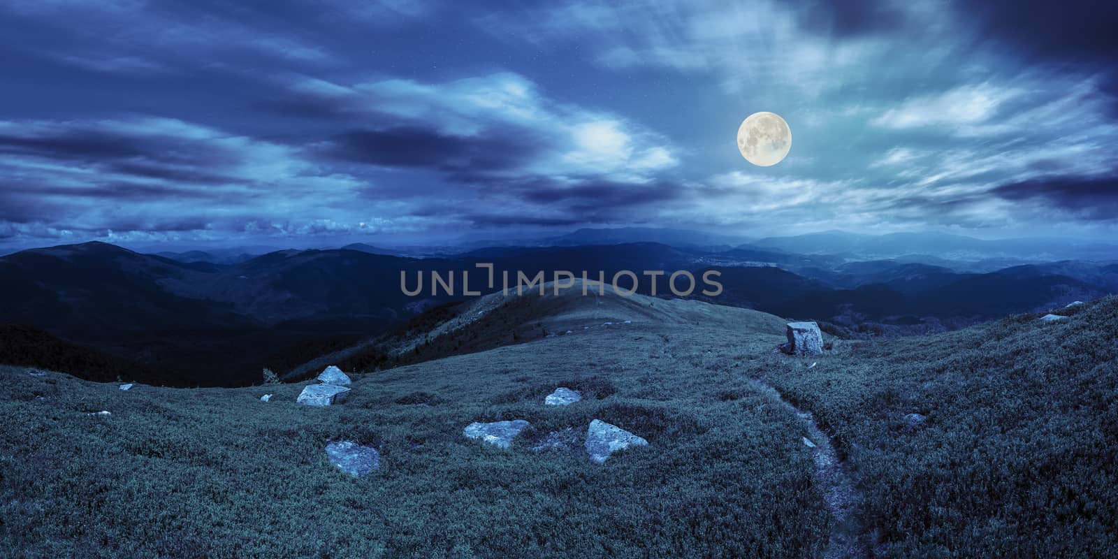 composite landscape with narrow meadow path in grass among white stones on top of mountain range at night in full moon light with blured sky