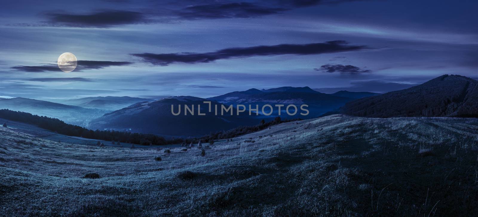 agricultural field on hillside in mountains near village at night in full moon light