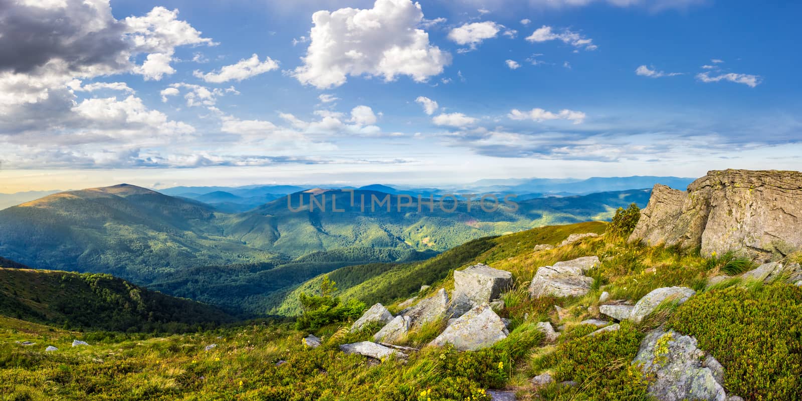 panoranic mountain landscape. valley with stones in grass on top of the hillside of mountain range in morning light