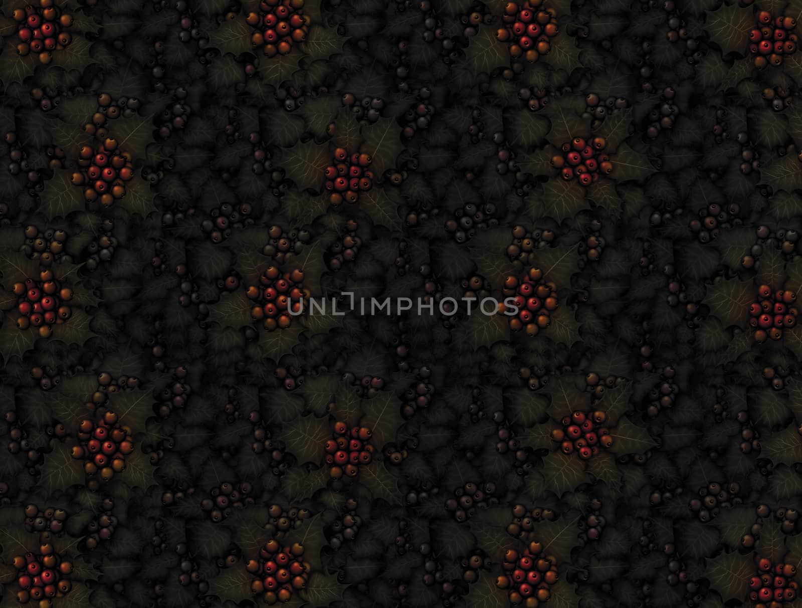 Digital illustration of holly plants with mutiple colors of berries filling the entire canvas with deep dark shadows.