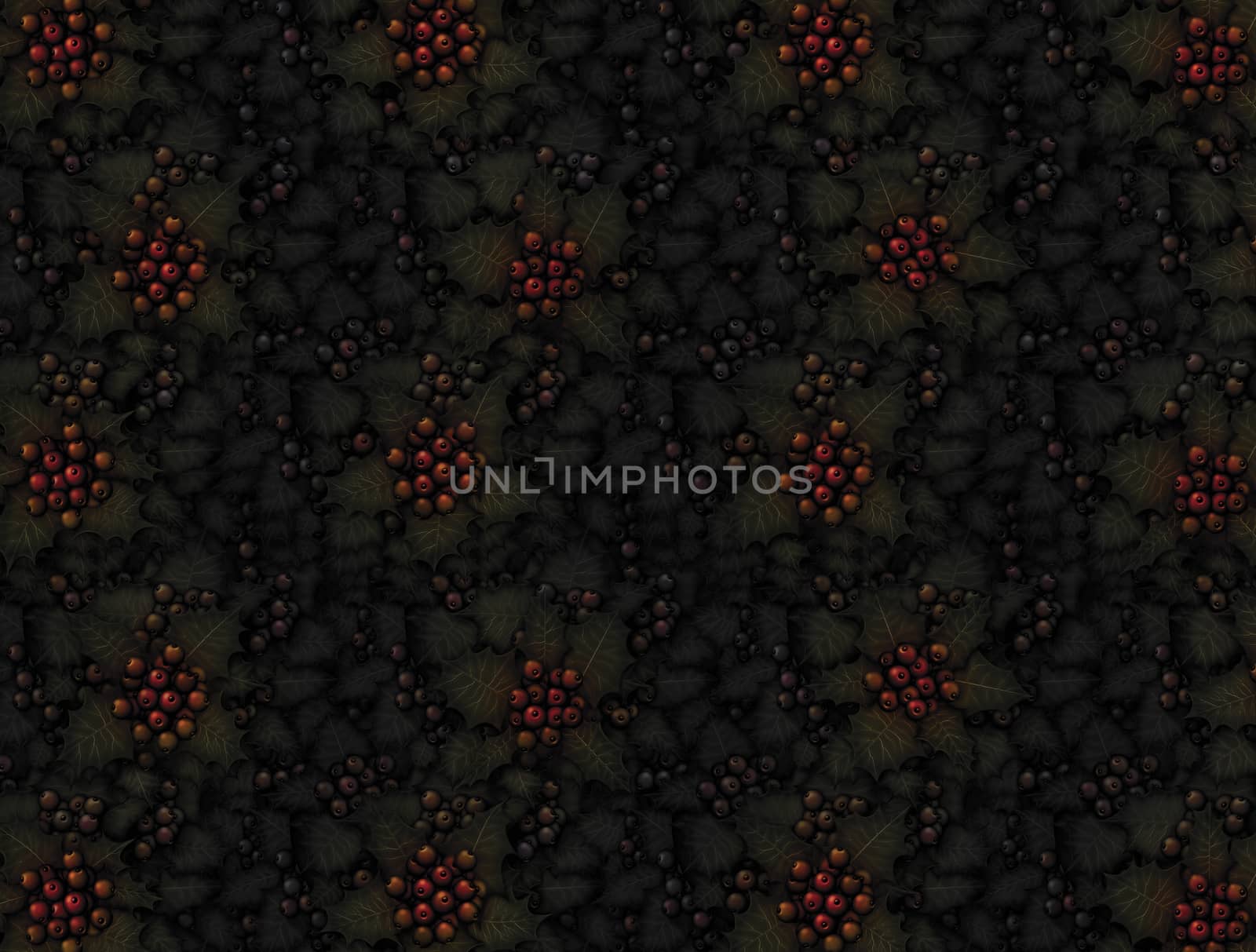 Digital illustration of holly plants with mutiple colors of berries filling the entire canvas with deep dark shadows.