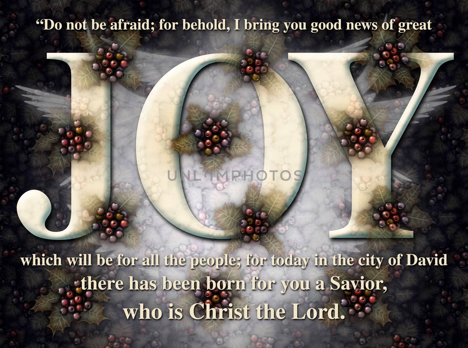 Digital illustration with the word Joy as the key feature, decorated with Holly, Angel wings, and a bible verse announcing the birth of Christ.