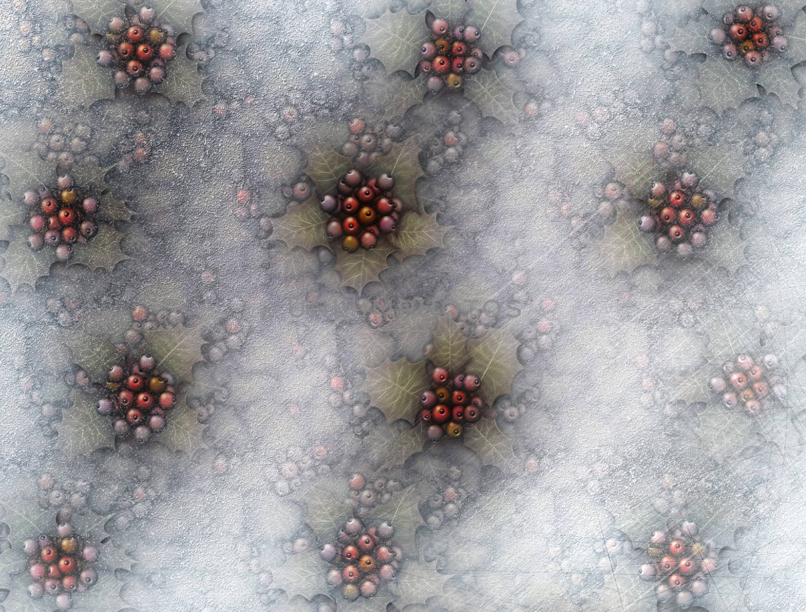 Digital illustration of ice and frost covered holly plants below the surface of a frozen pond.