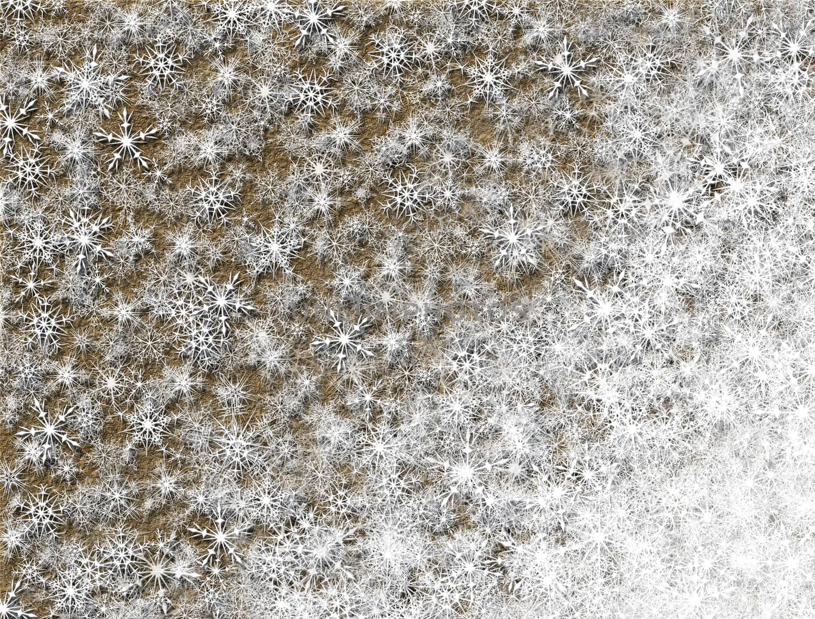 Digital illustration of a bird’s eye view of hundreds of snow flakes partially covering a patch of ground.