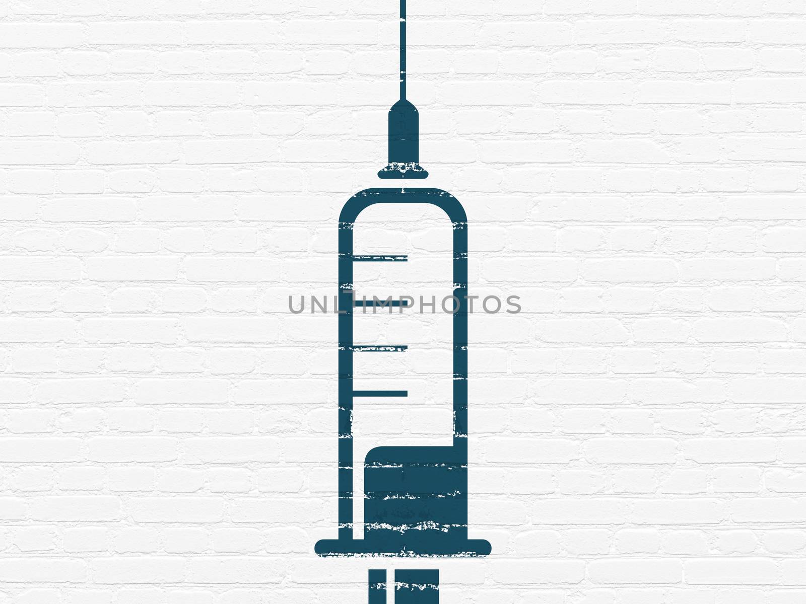 Medicine concept: Painted blue Syringe icon on White Brick wall background