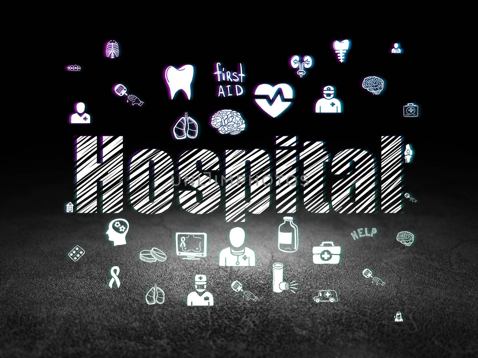 Health concept: Glowing text Hospital,  Hand Drawn Medicine Icons in grunge dark room with Dirty Floor, black background