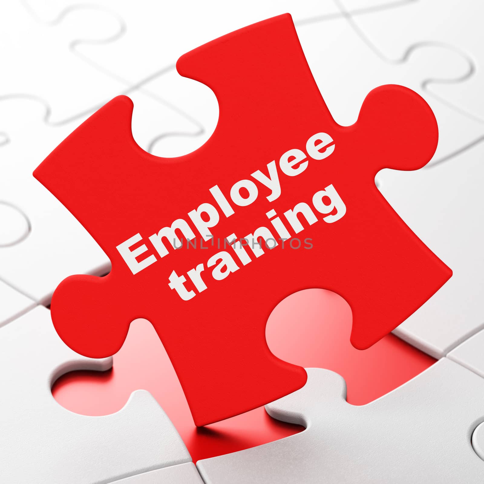 Studying concept: Employee Training on Red puzzle pieces background, 3D rendering