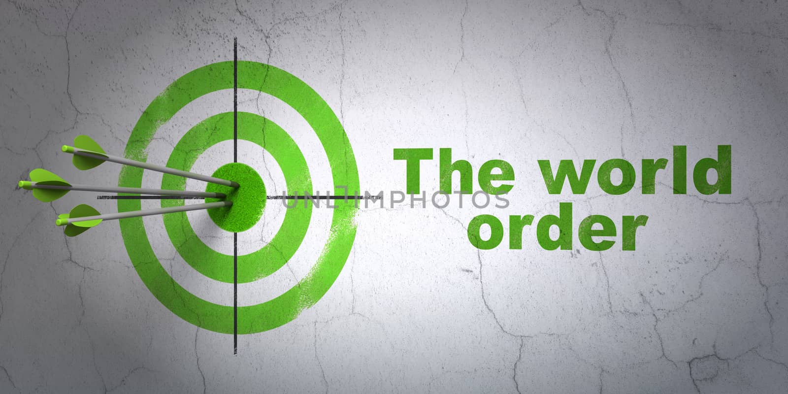 Success politics concept: arrows hitting the center of target, Green The World Order on wall background, 3D rendering