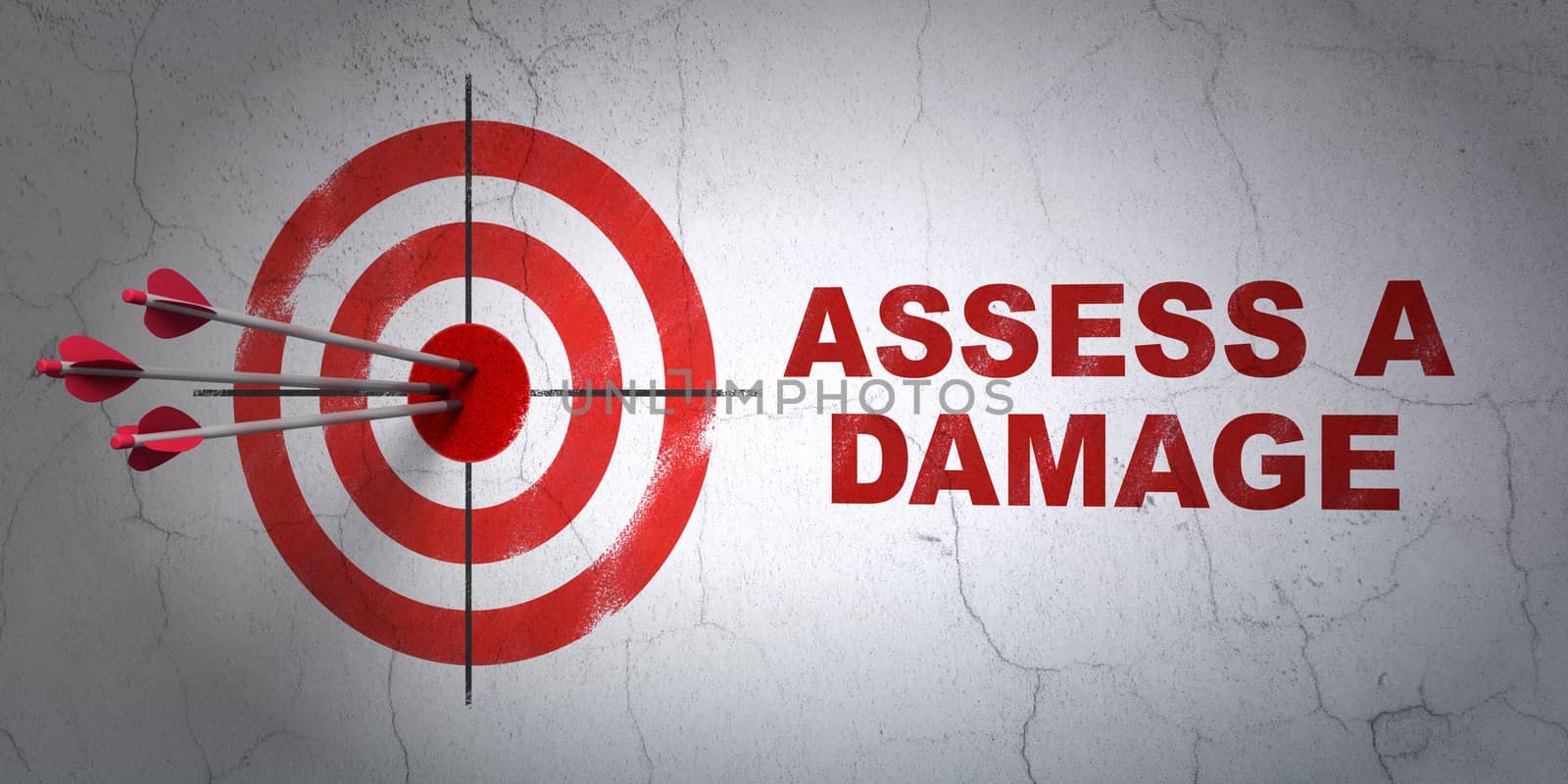 Success Insurance concept: arrows hitting the center of target, Red Assess A Damage on wall background, 3D rendering