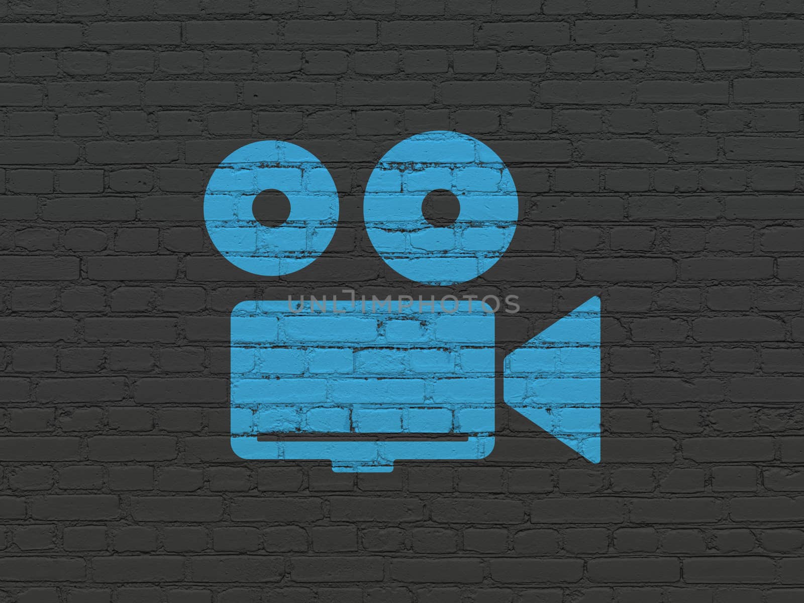 Tourism concept: Painted blue Camera icon on Black Brick wall background