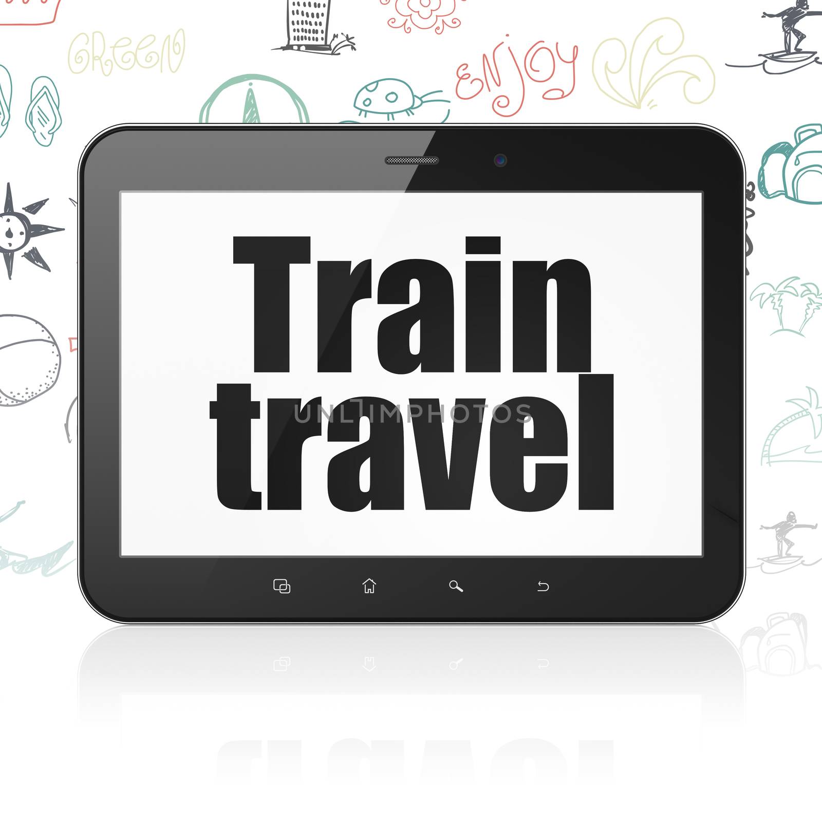 Vacation concept: Tablet Computer with Train Travel on display by maxkabakov