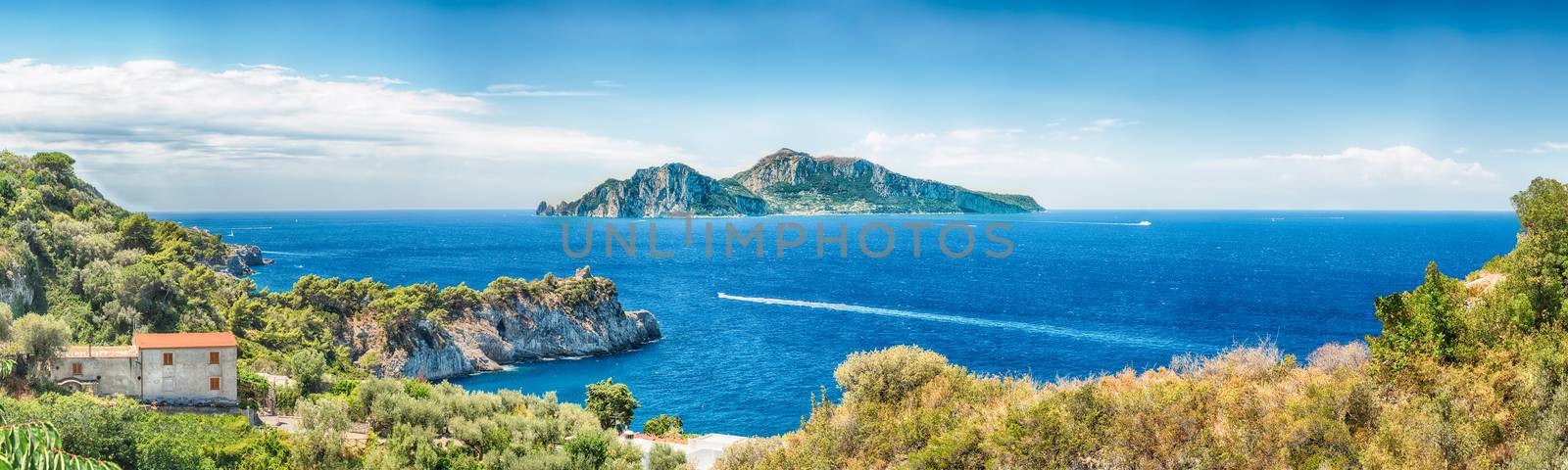 Panoramic aerial view of the Island of Capri, Italy, as seen from the town of Massa Lubrense