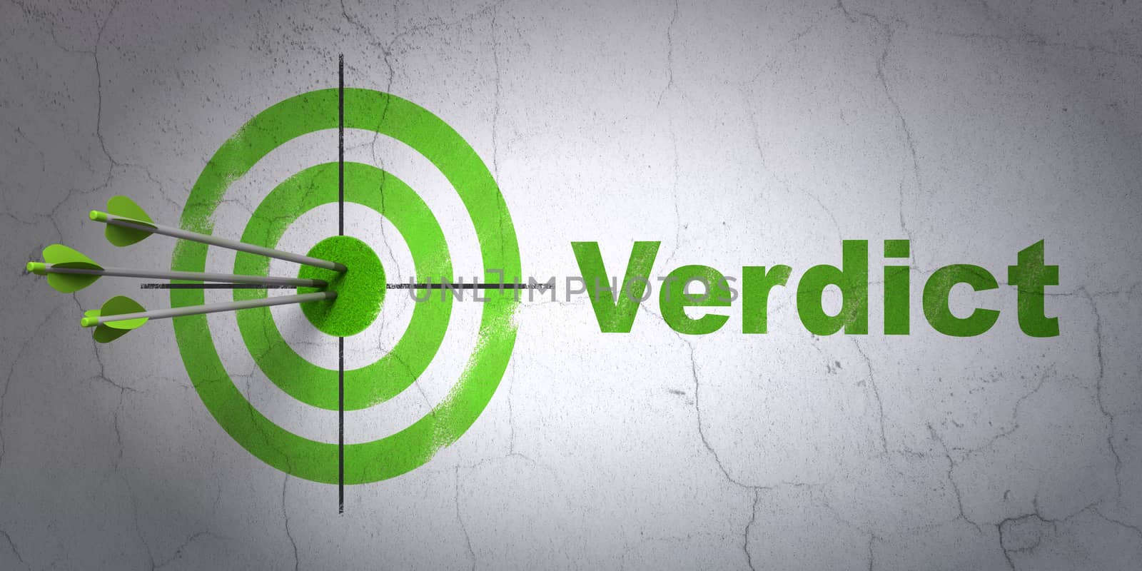 Success law concept: arrows hitting the center of target, Green Verdict on wall background, 3D rendering