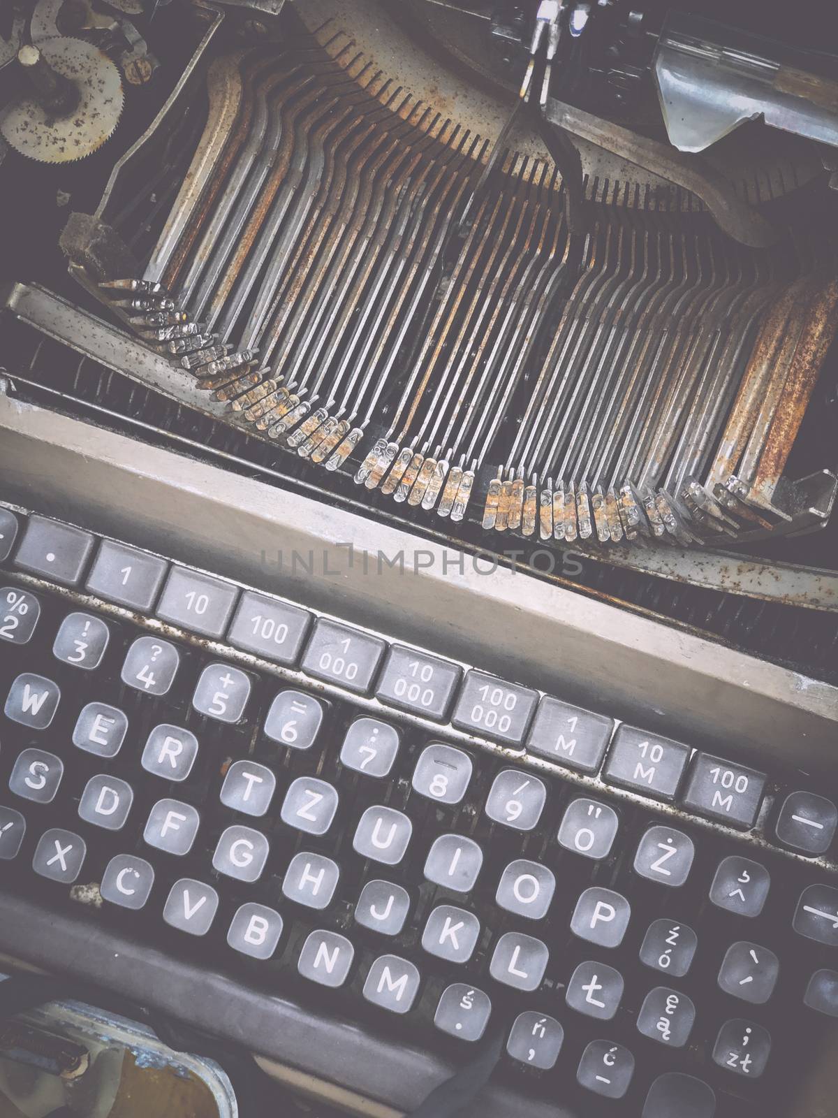 Old retro unnecessary faulty typewriter, professional writer equipment. Installation Krakow, Poland