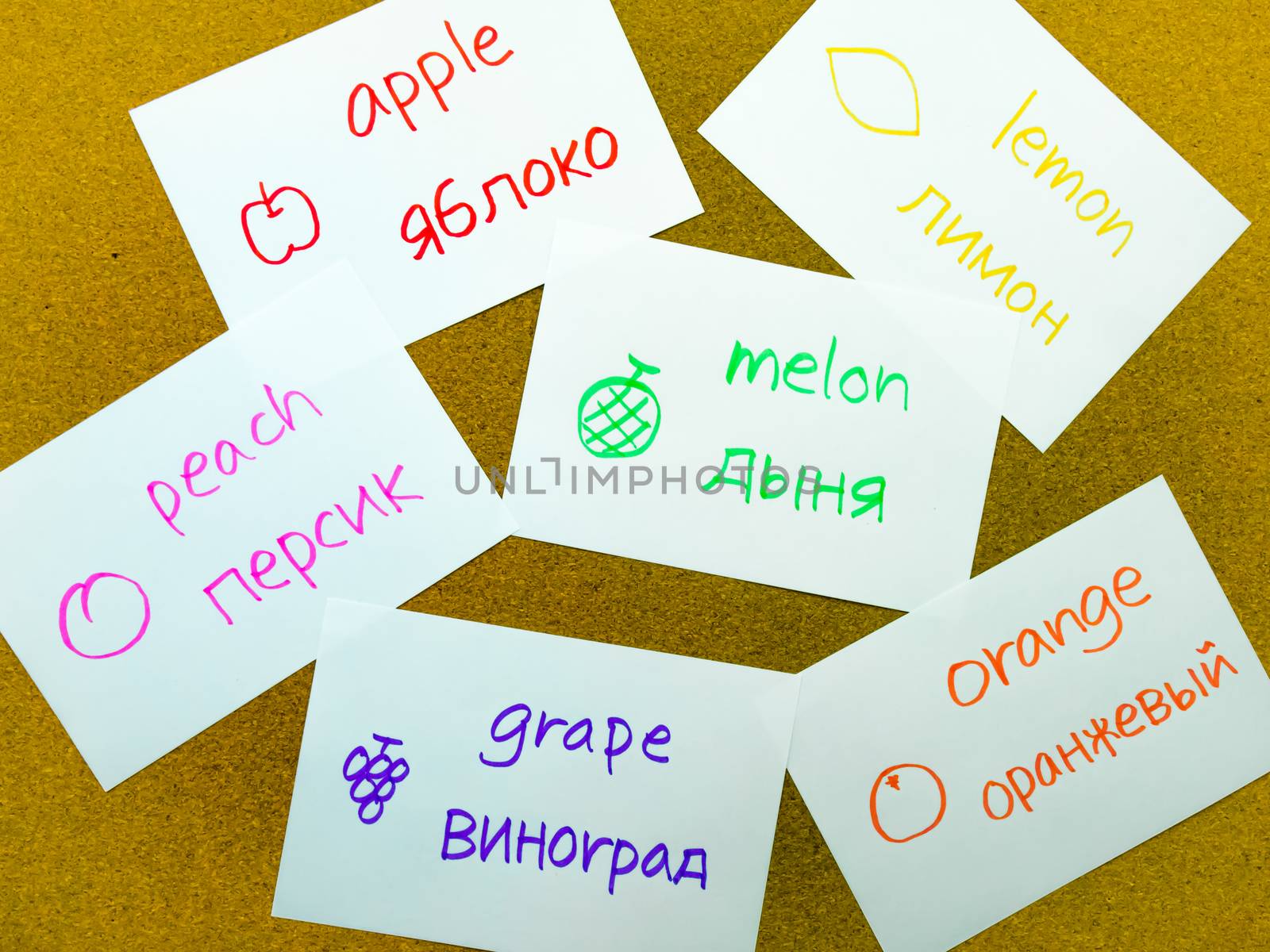 Learning name of the fruits in another language with flash cards.