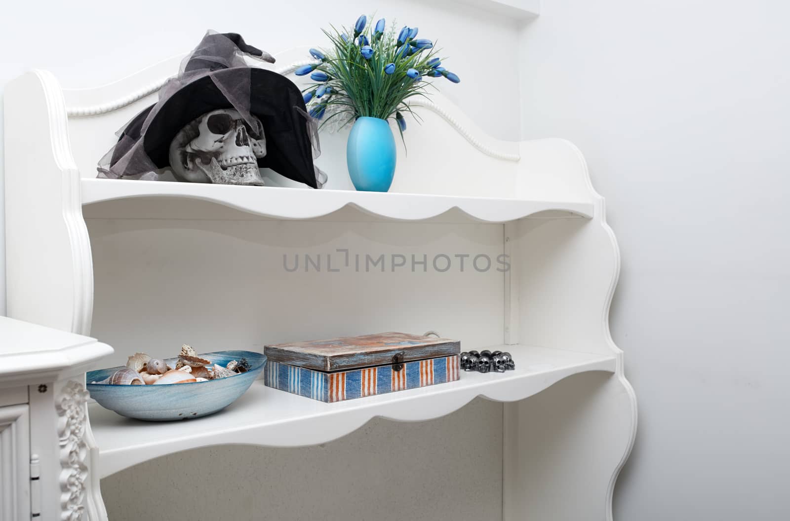 Human skull in a white cabinet. Halloween theme