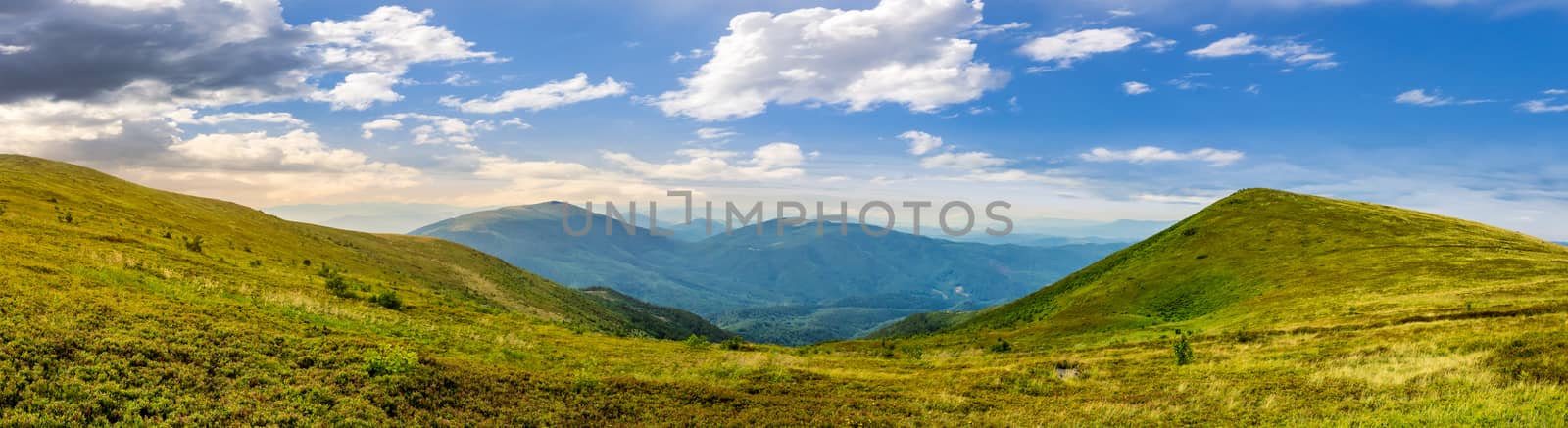 panoramic view on high mountains from hillside covered with grass with few stones