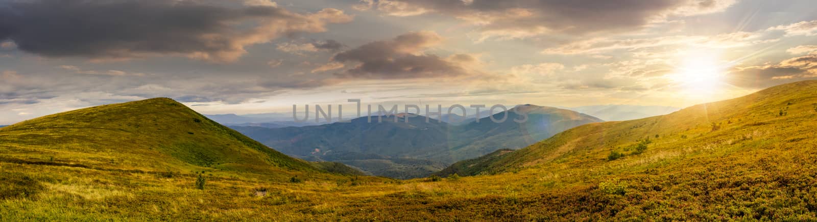 panoramic view on high mountains from hillside covered with grass with few stones in evening light