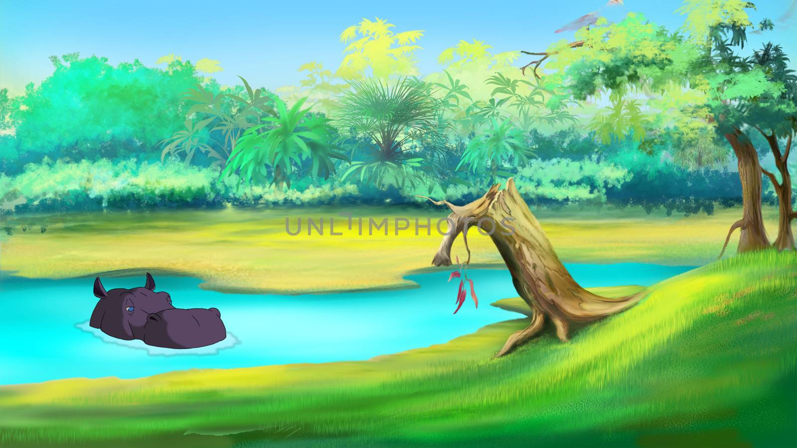 Big African Hippopotamus in a river on a sunny summer day. Digital painting  cartoon style full color illustration.