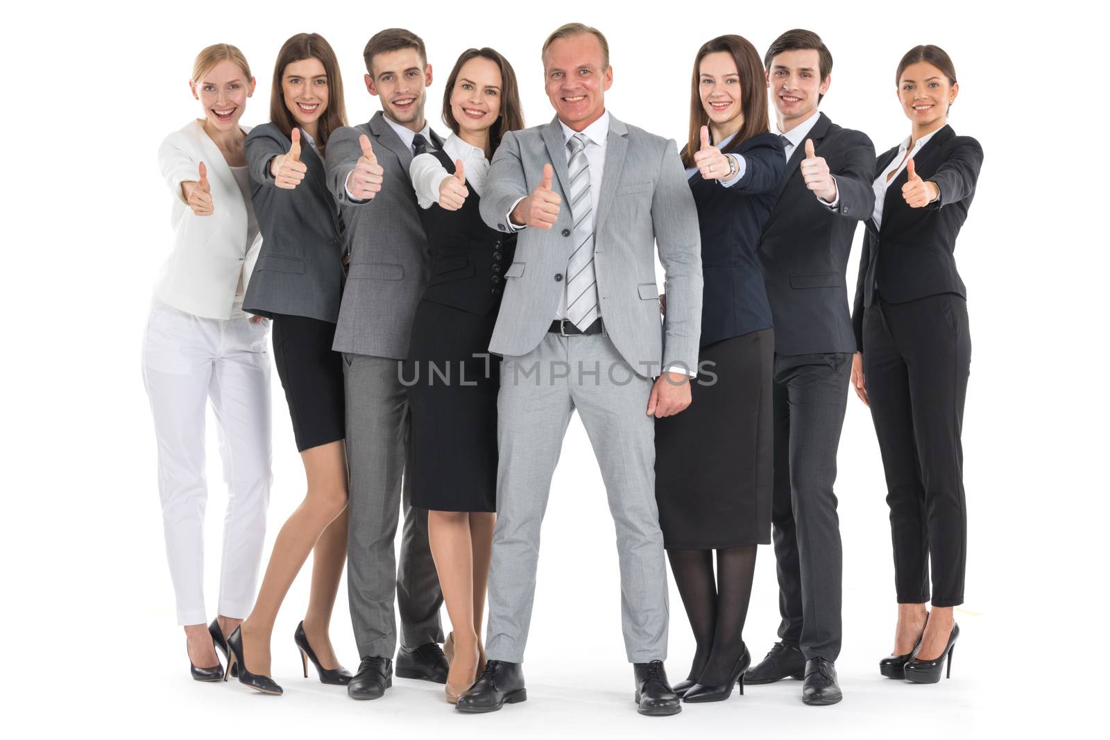 Happy business people cheering and showing thumb up, isolated on white background
