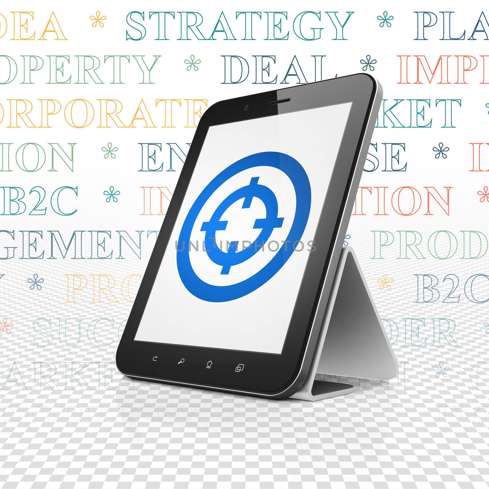 Finance concept: Tablet Computer with  blue Target icon on display,  Tag Cloud background, 3D rendering