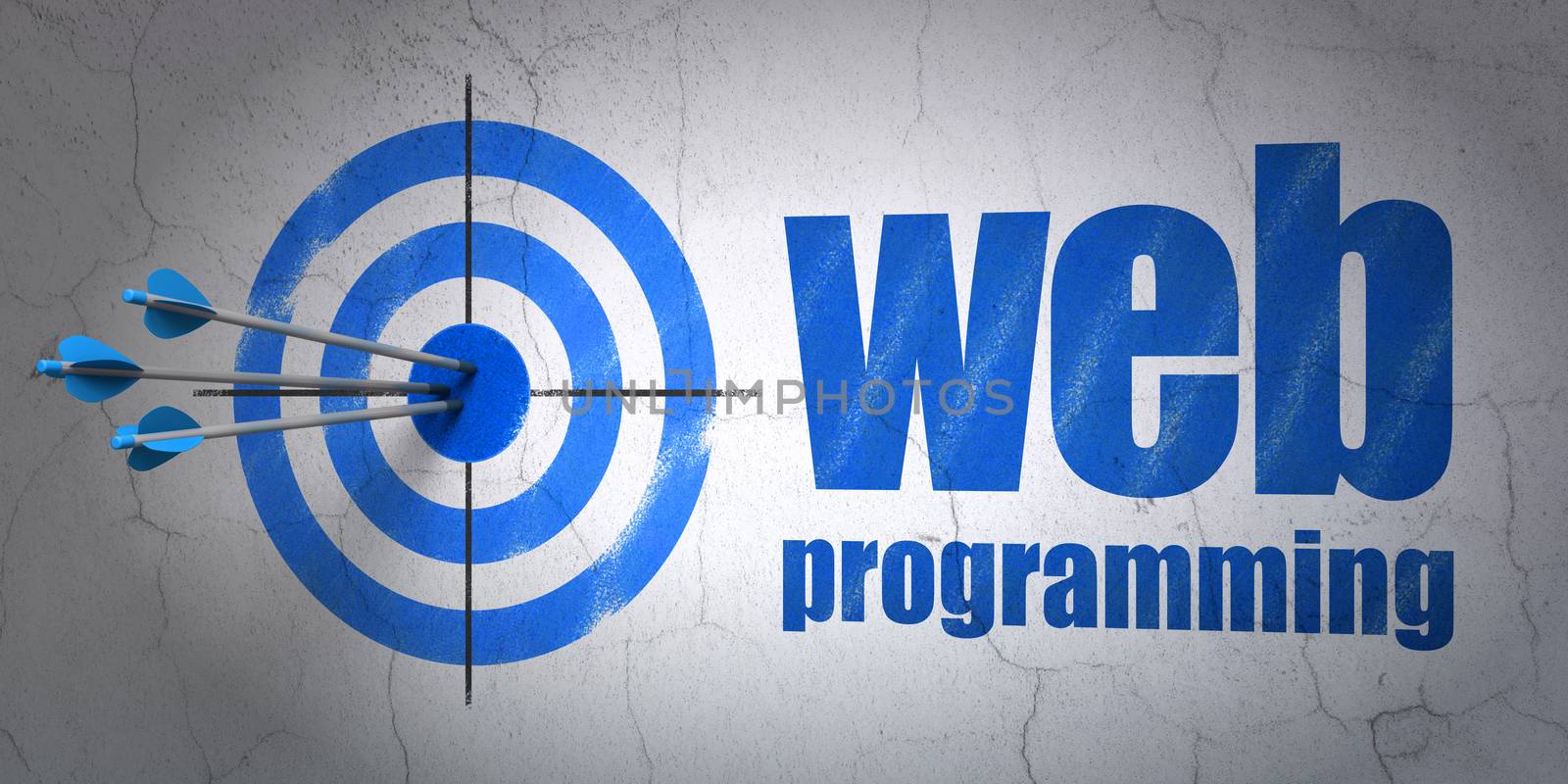 Success web design concept: arrows hitting the center of target, Blue Web Programming on wall background, 3D rendering