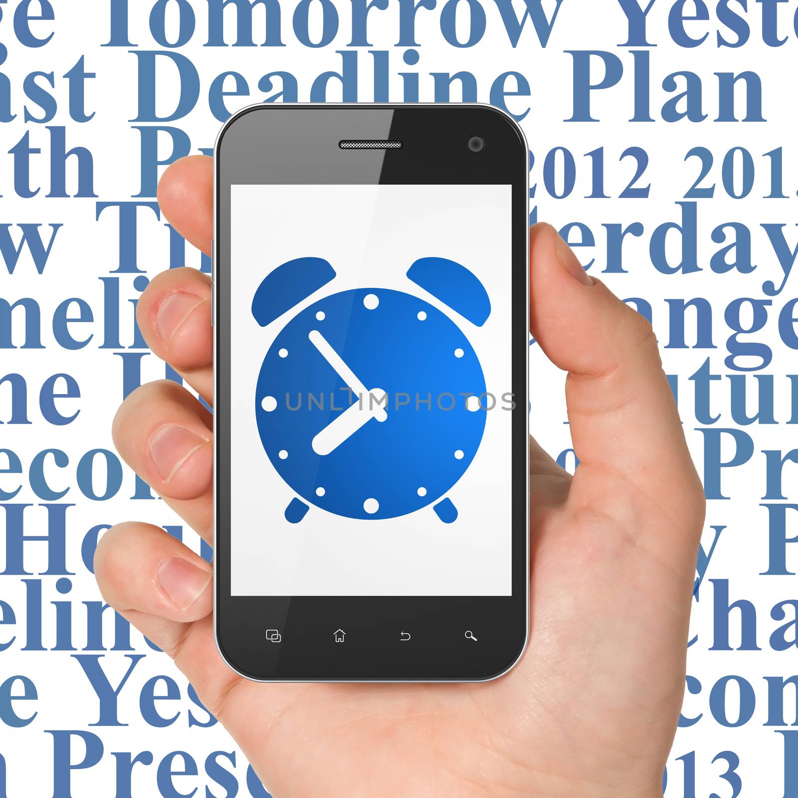 Timeline concept: Hand Holding Smartphone with  blue Alarm Clock icon on display,  Tag Cloud background, 3D rendering