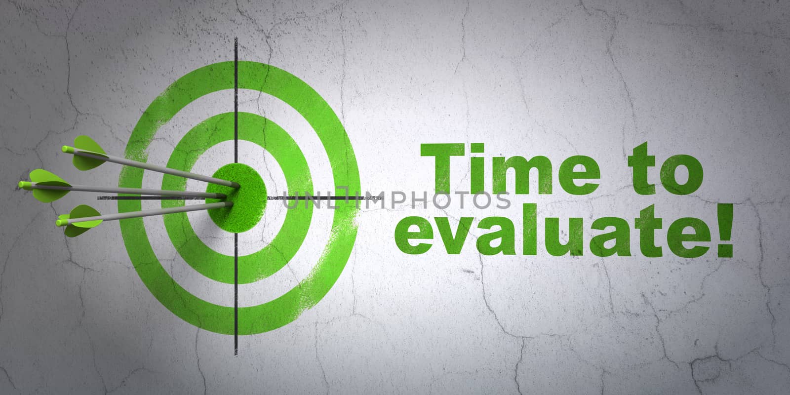 Time concept: target and Time to Evaluate! on wall background by maxkabakov