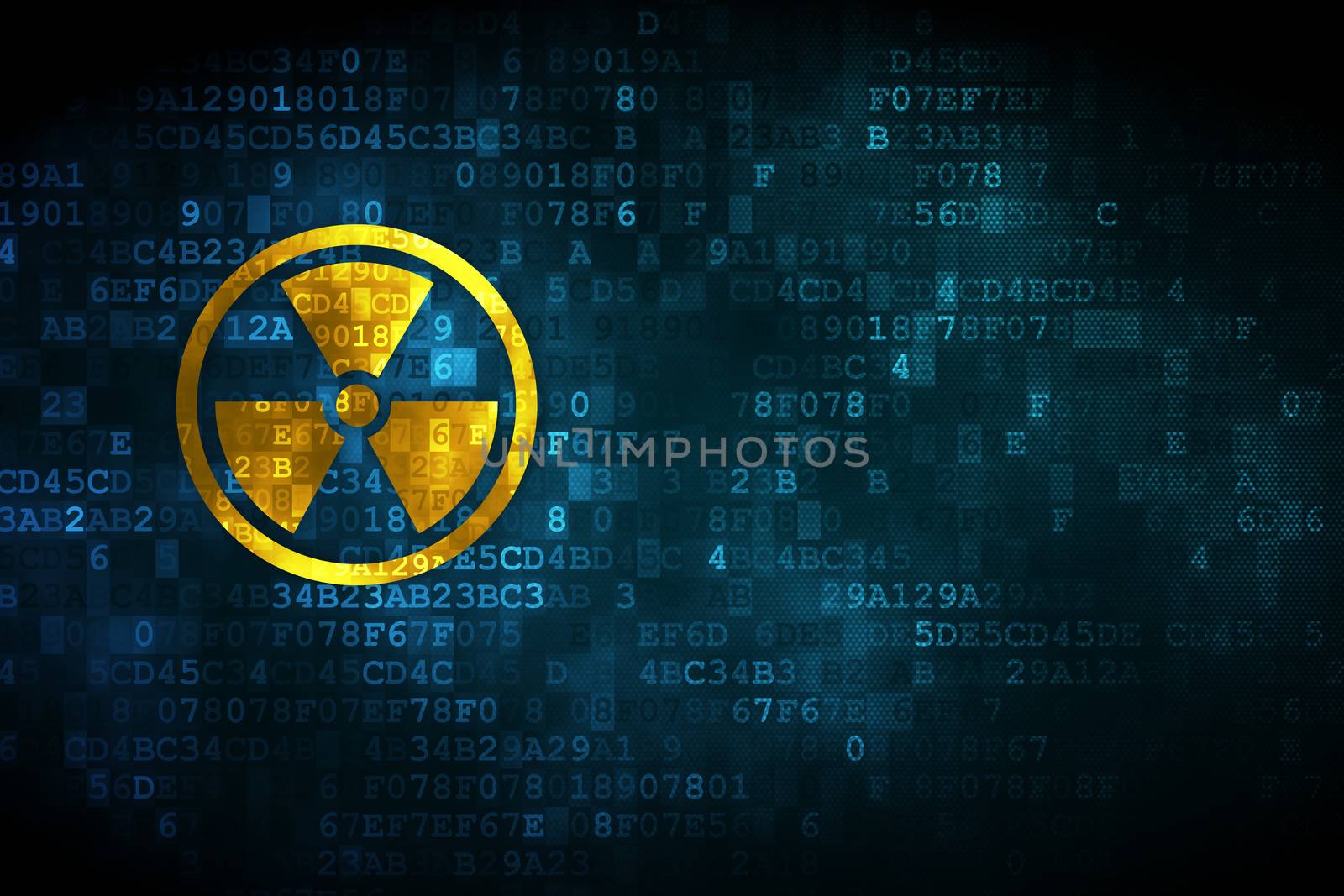 Science concept: pixelated Radiation icon on digital background, empty copyspace for card, text, advertising