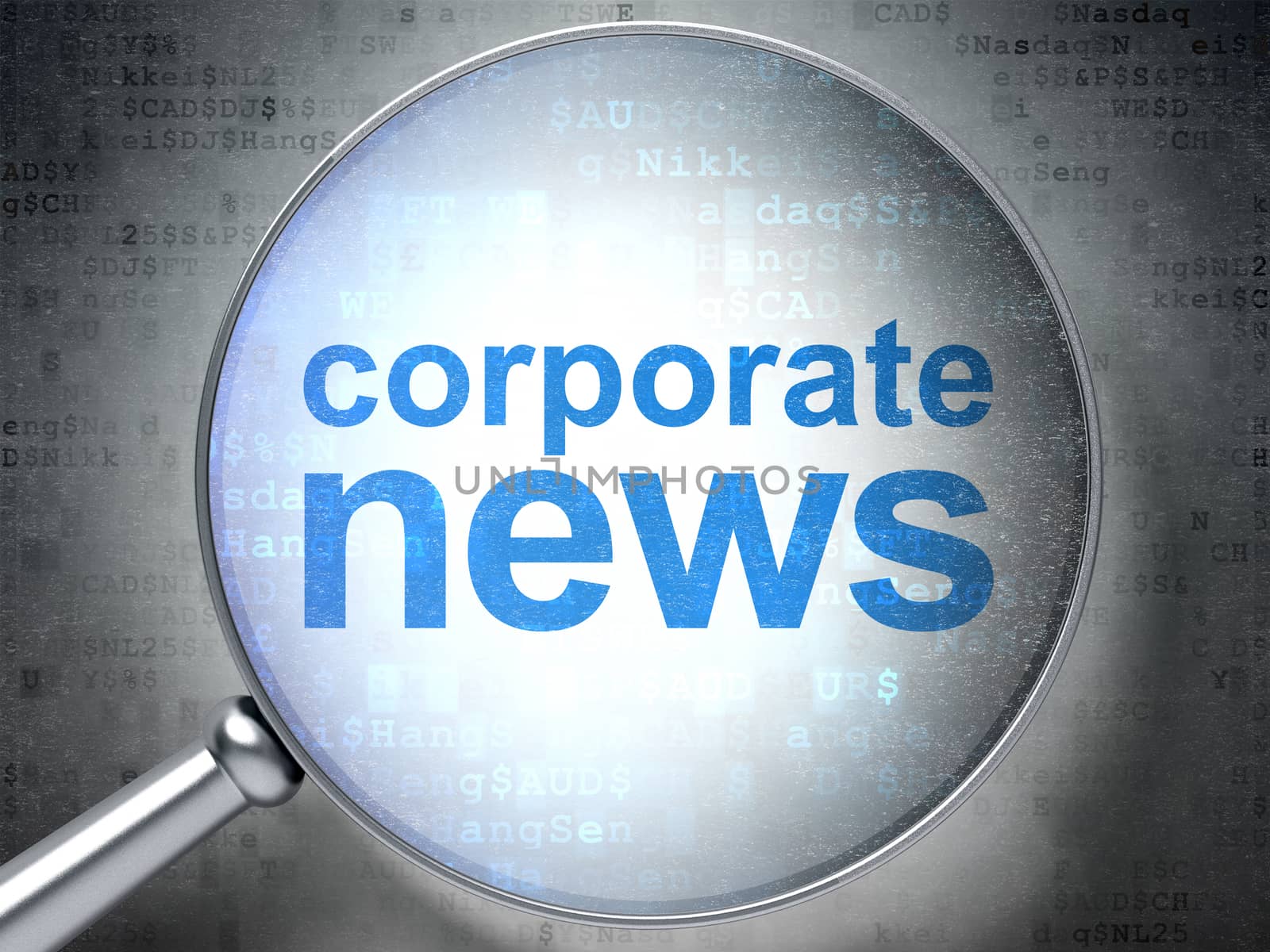 News concept: magnifying optical glass with words Corporate News on digital background, 3D rendering