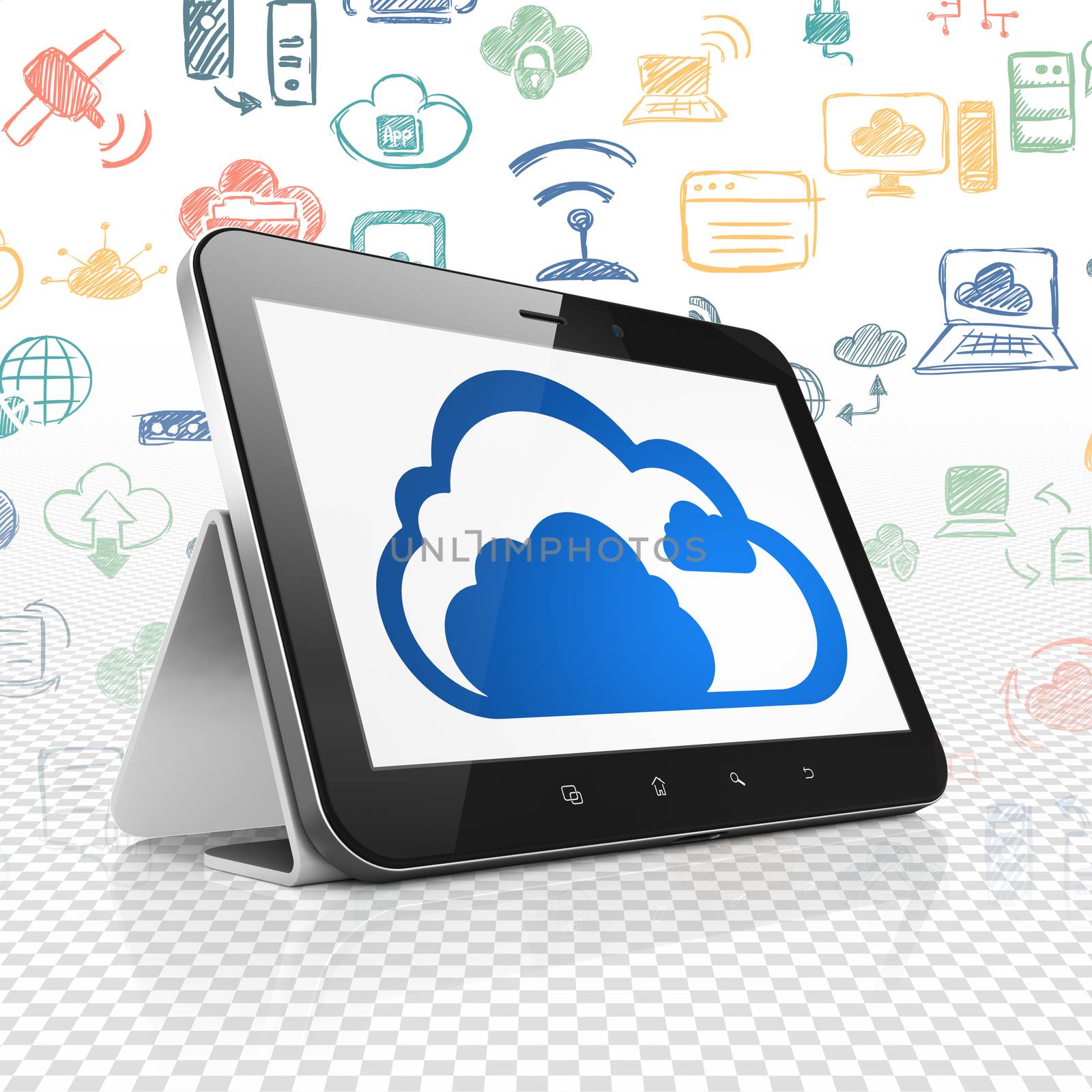 Cloud networking concept: Tablet Computer with  blue Cloud icon on display,  Hand Drawn Cloud Technology Icons background, 3D rendering