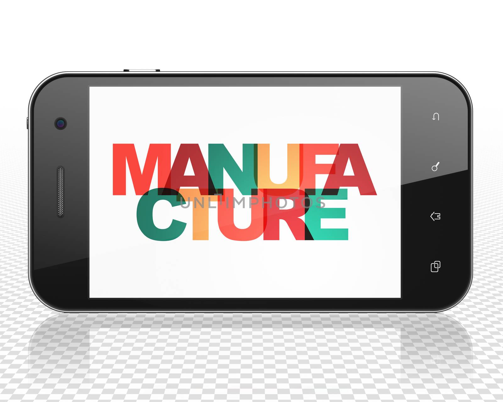 Industry concept: Smartphone with Painted multicolor text Manufacture on display, 3D rendering