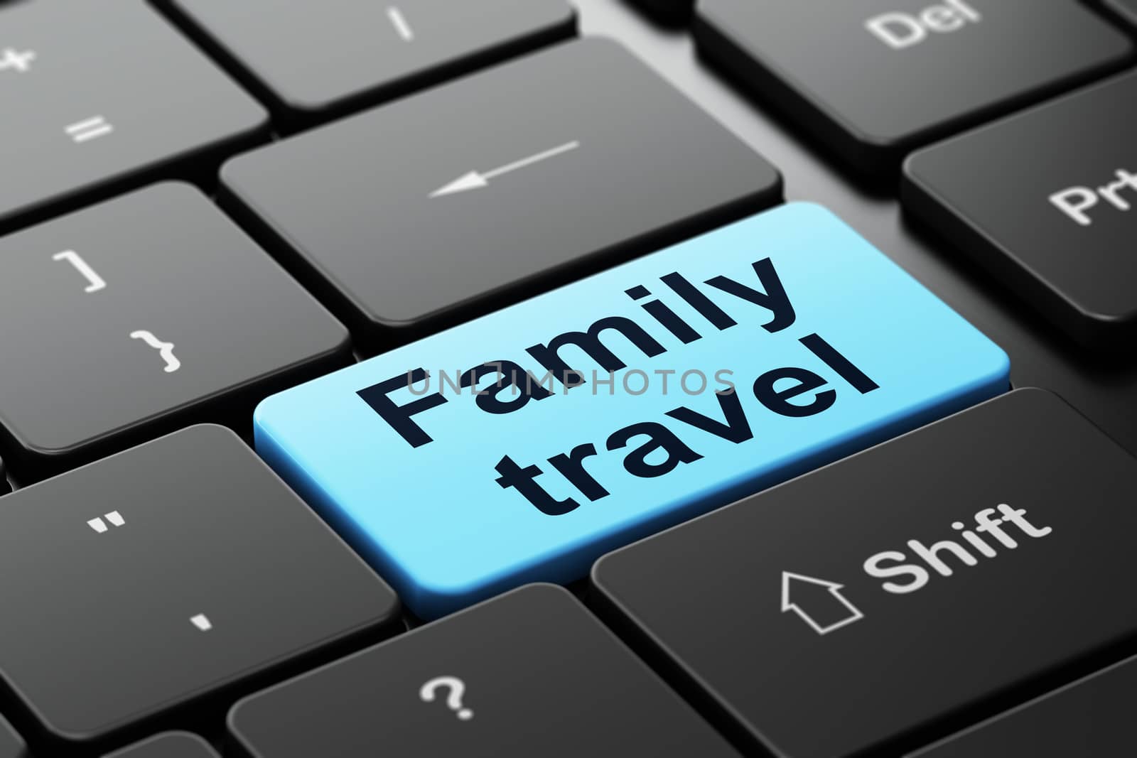 Tourism concept: computer keyboard with word Family Travel, selected focus on enter button background, 3D rendering