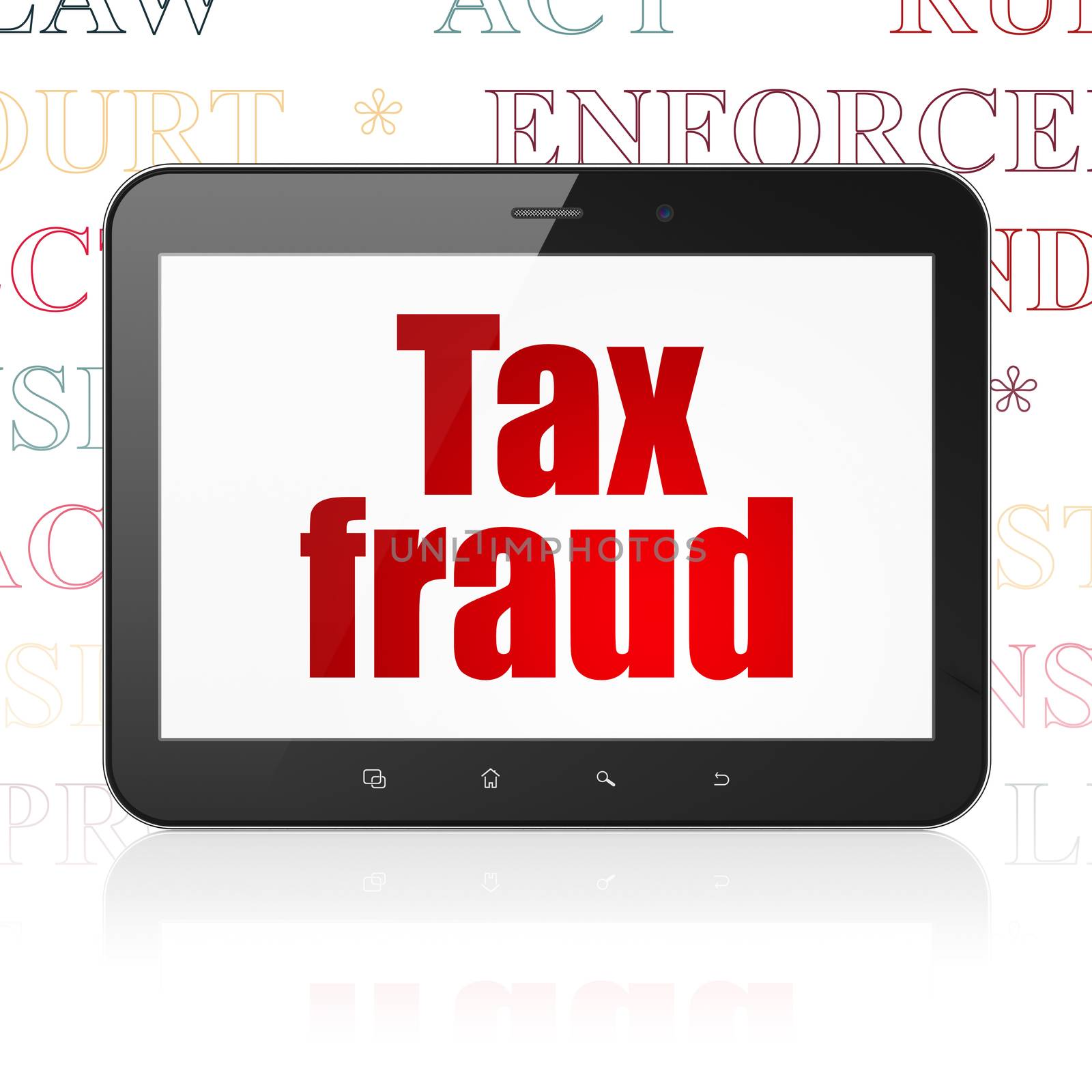 Law concept: Tablet Computer with  red text Tax Fraud on display,  Tag Cloud background, 3D rendering