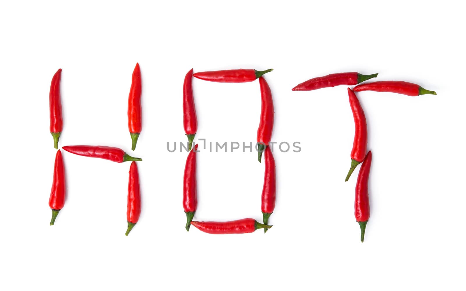 red pepper spelling the word hot isolated on white background