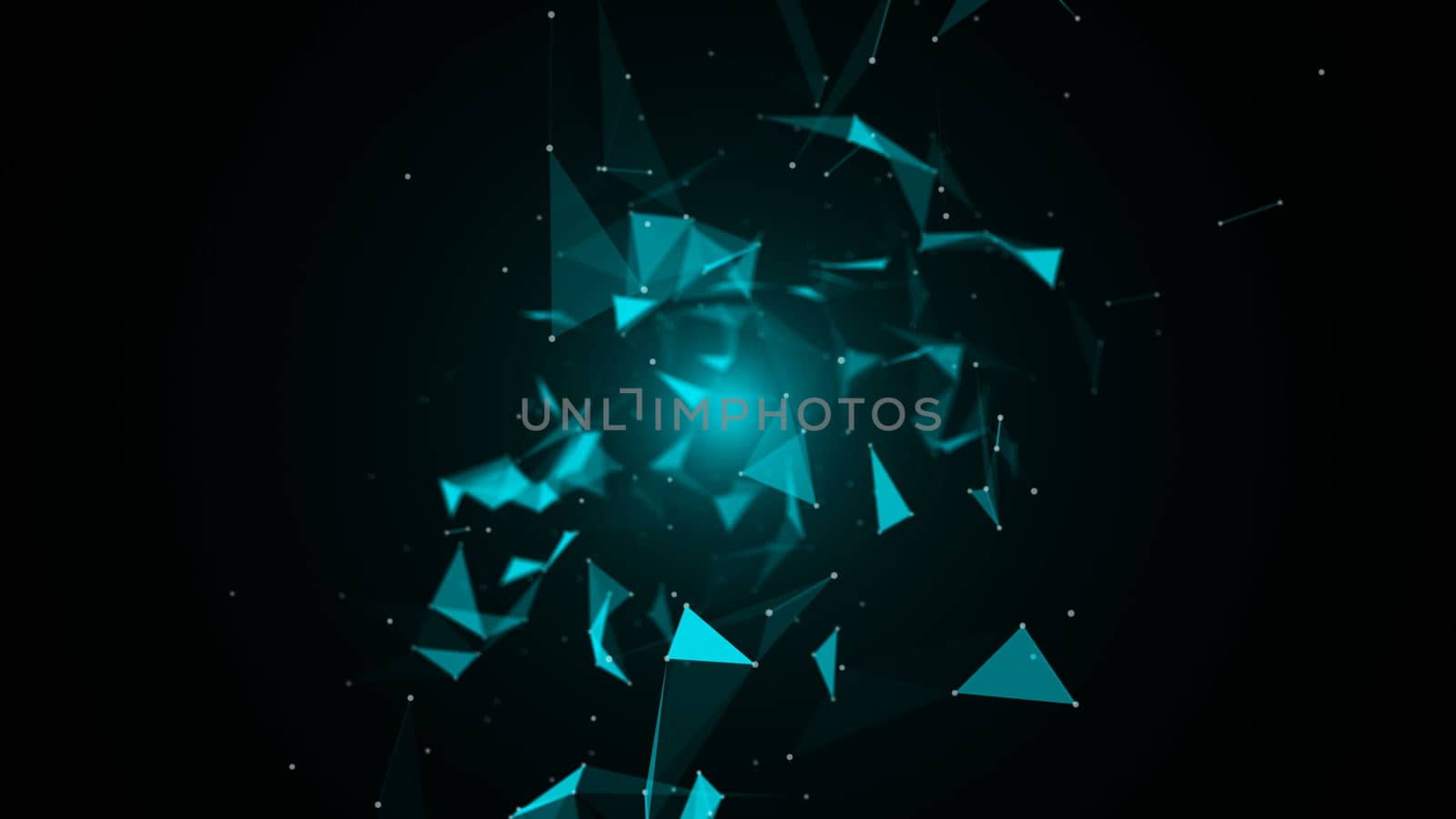 Through the spatial triangles. Space background of dots, lines. 3d rendering