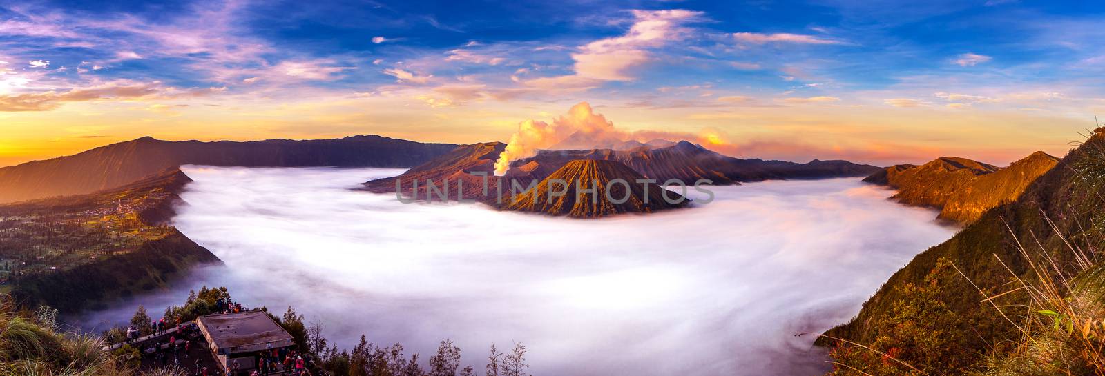 Mount Bromo volcano (Gunung Bromo) during sunrise from viewpoint on Mount Penanjakan in Bromo Tengger Semeru National Park, East Java, Indonesia. by gutarphotoghaphy
