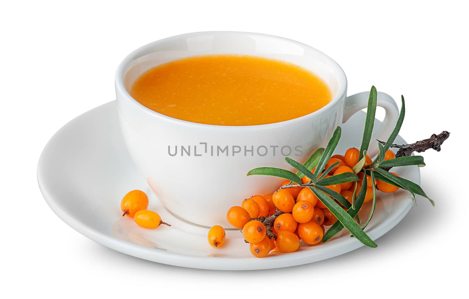 Juice from sea-buckthorn in a cup with berries by Cipariss