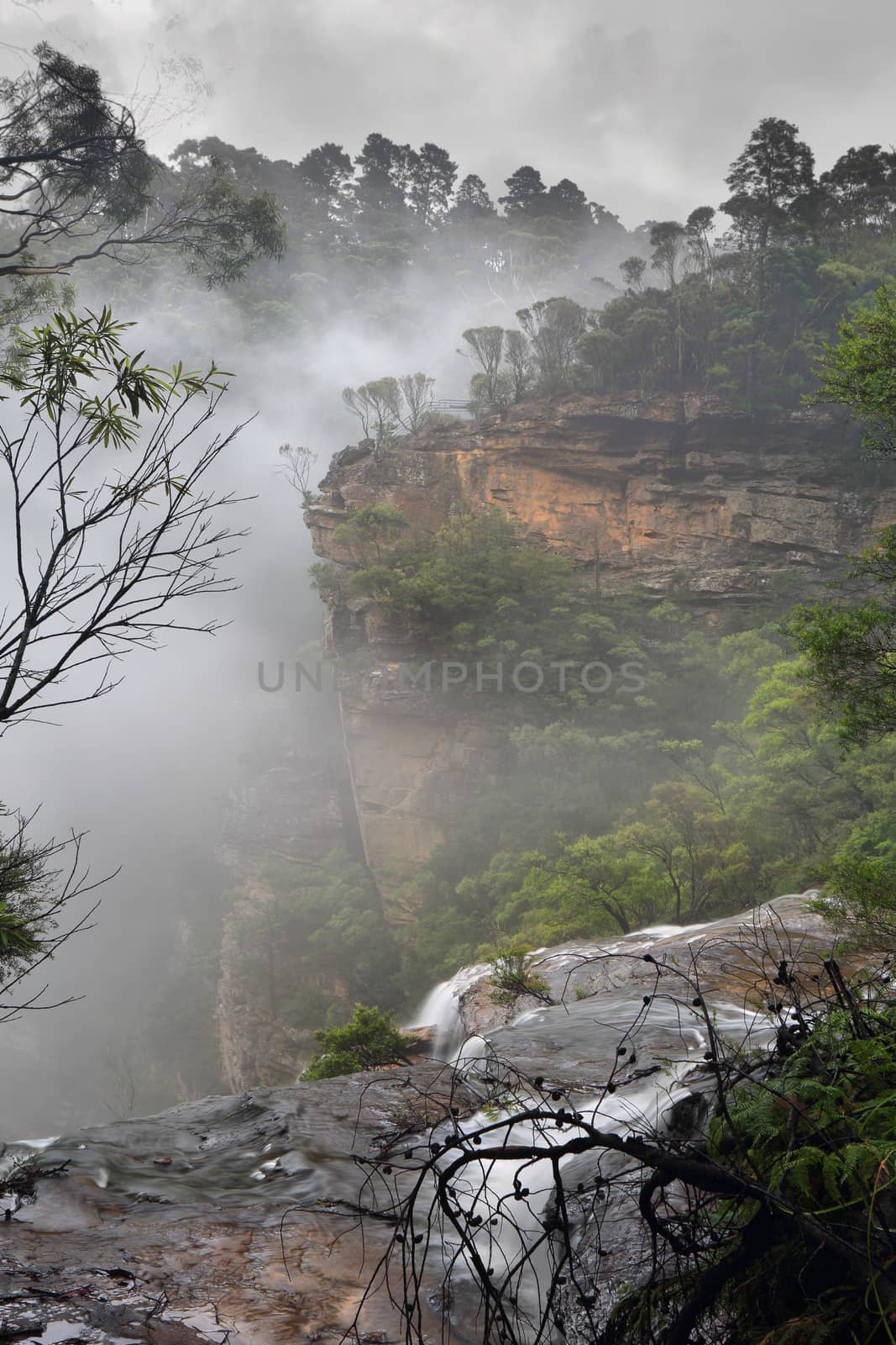 Views of the water as it passes over the ledge before the large drop into the valley below, this section known as Upper Wentworth Falls.  