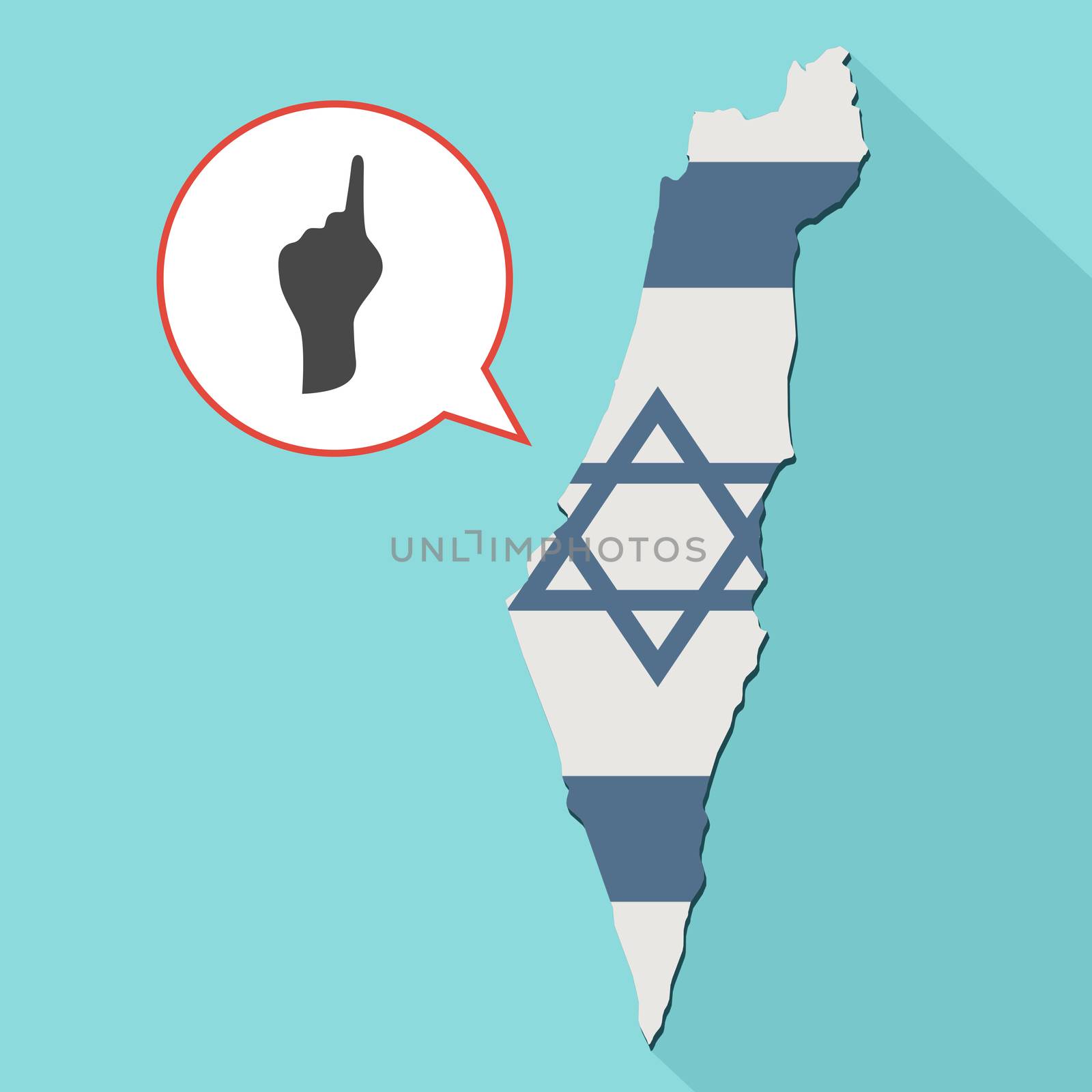 Animation of a long shadow Israel map with its flag and a comic balloon with a pointing finger hand
