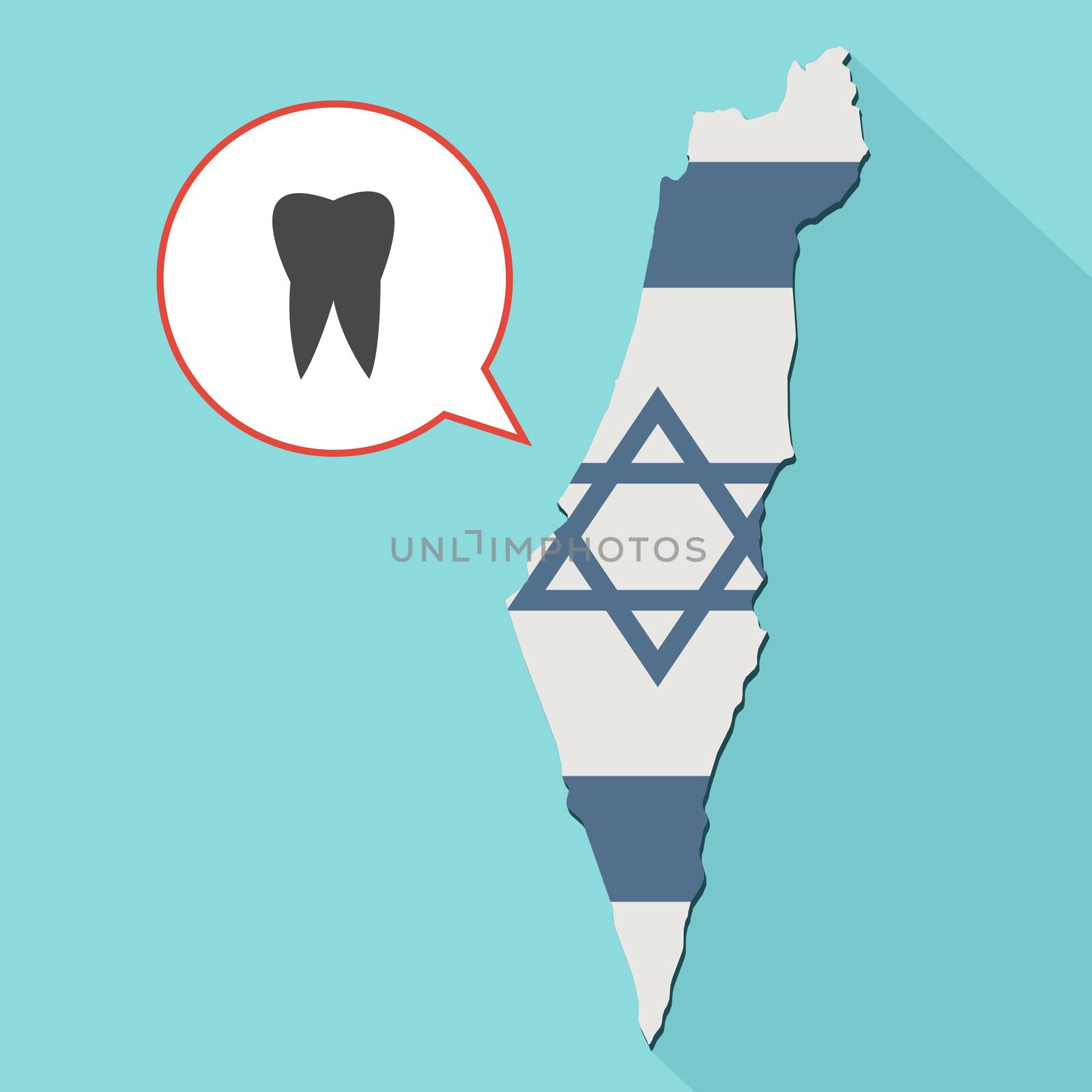Animation of a long shadow Israel map with its flag and a comic balloon with a tooth
