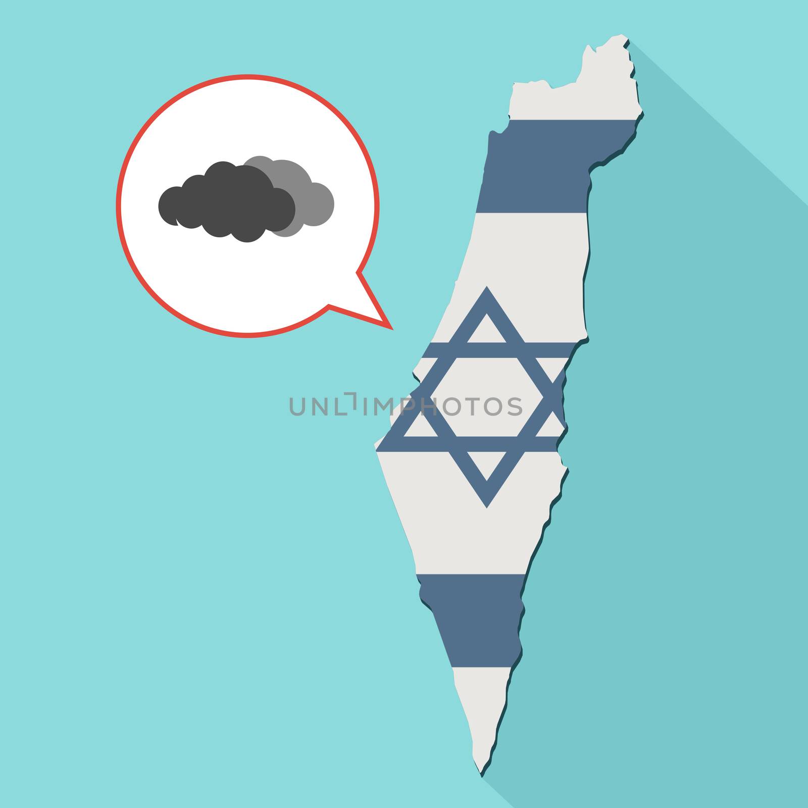 Animation of a long shadow Israel map with its flag and a comic balloon with a clouds