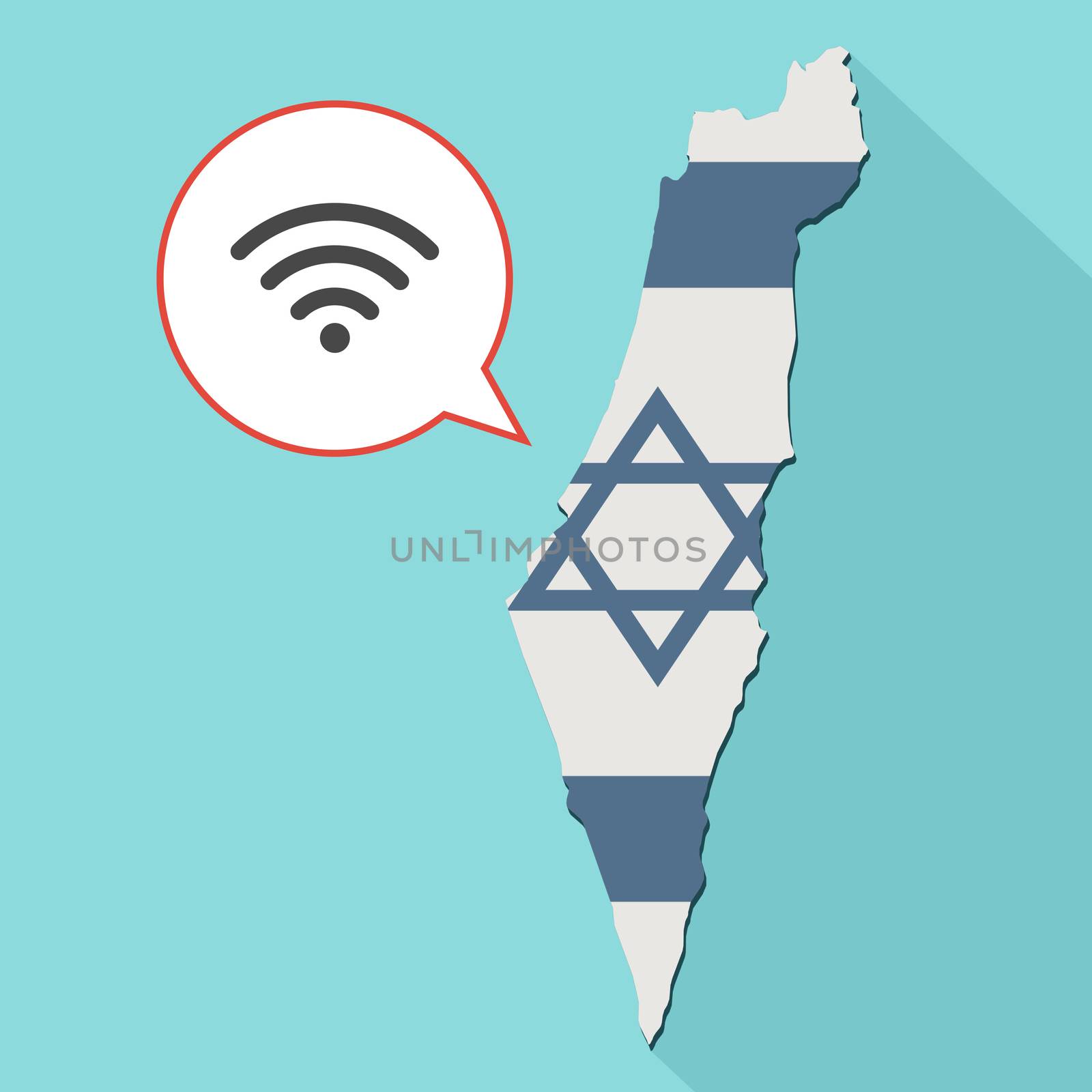 Animation of a long shadow Israel map with its flag and a comic balloon with a wifi signal sign
