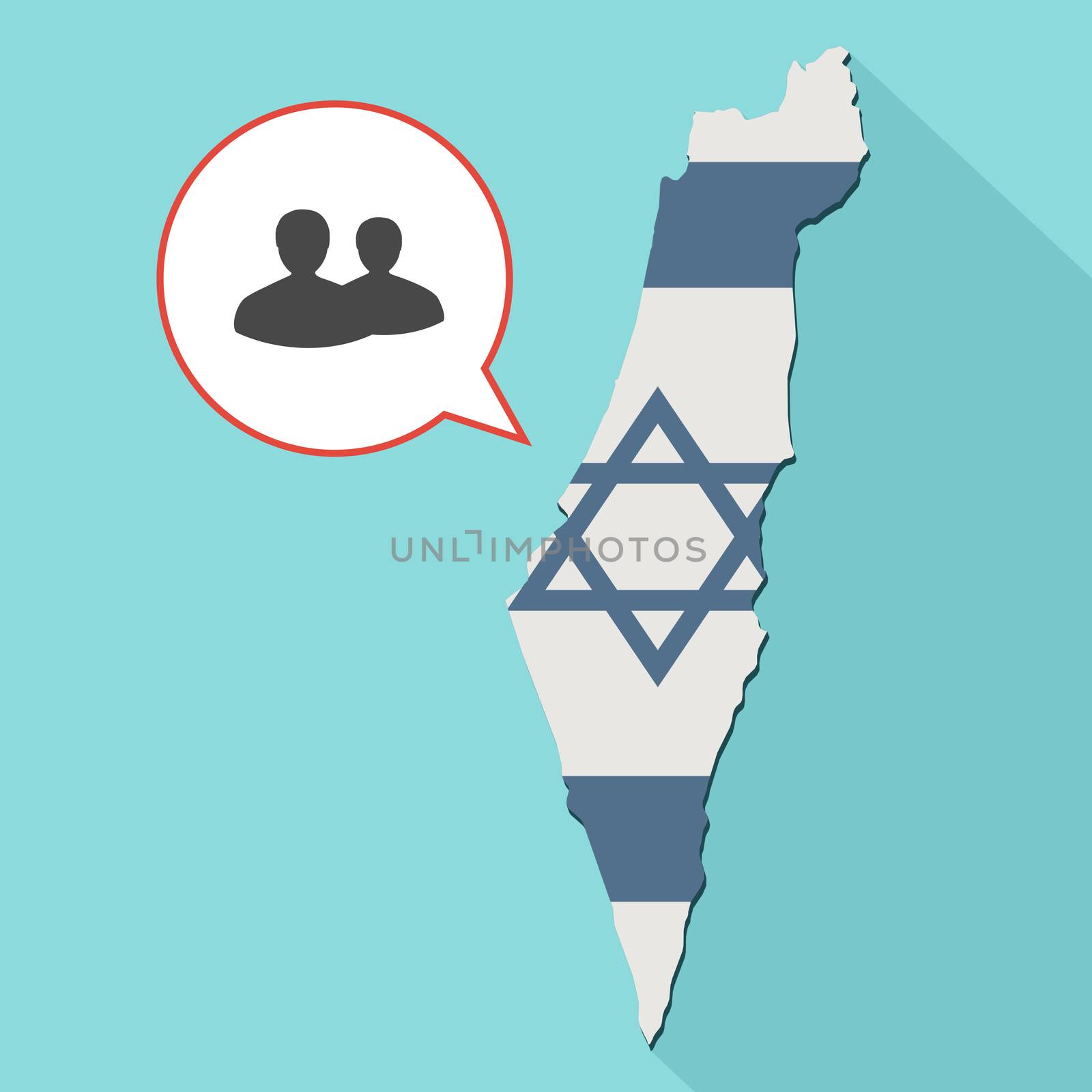 Animation of a long shadow Israel map with its flag and a comic balloon with two people silhouette
