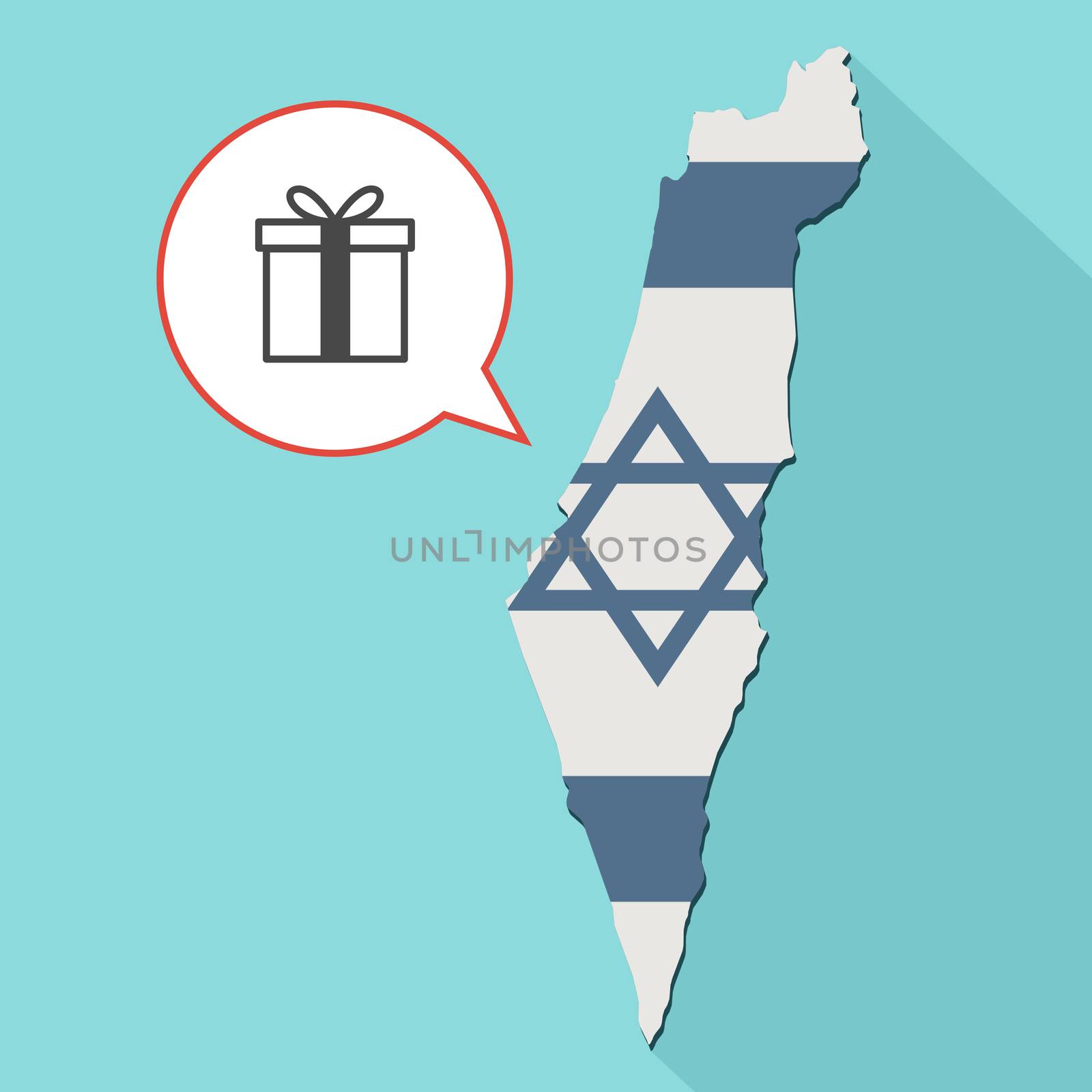 Animation of a long shadow Israel map with its flag and a comic balloon with a present icon
